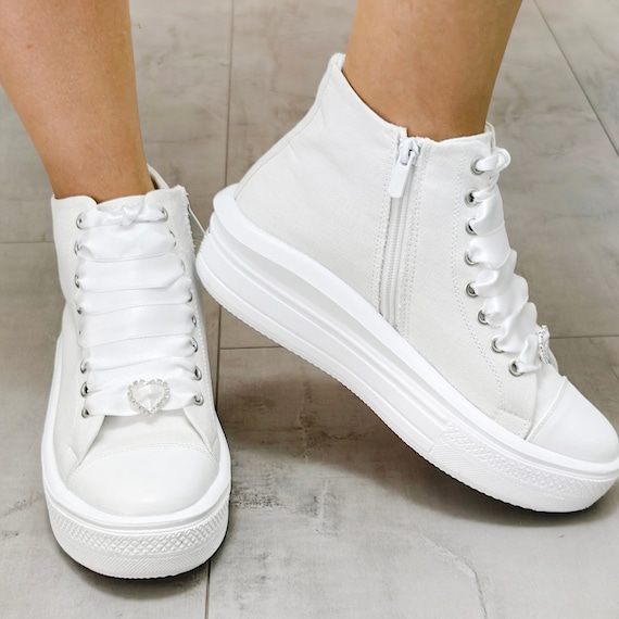 Personalized Bridal Sneakers, White Wedding Shoes with Ribbon & Heart