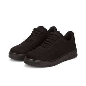 May include: A pair of black suede low-top sneakers with white laces.