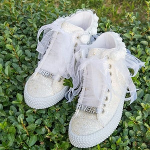 Bridal Shoes  White Pearl Glitter White Flowers Customization Options Wedding Shoes pearls bride shoes white or ivory