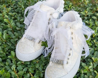 White Glitter Bridal Shoes with Pearl Flowers, Custom Wedding Sneakers
