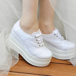 Bride Heel wedge Shoes Custom Platform Sneakers Personalized Color Options , lace white or ivory Bride shoes Flowers desing handmade New