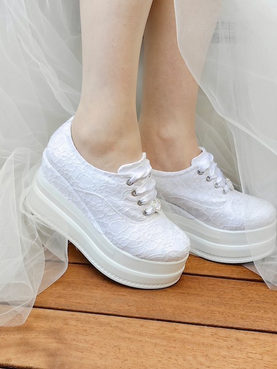 Bride Heel wedge Shoes Custom Platform Sneakers Personalized Color Options , lace white or ivory Bride shoes Flowers desing handmade New