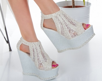 Wedge Heel Bridal Shoes: Crystal, Pearl, Comfort Height