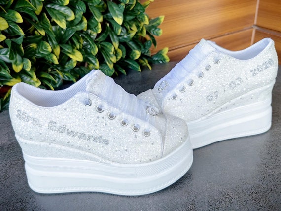 Bridal Shoes White Glitter Wedge Heels Personalized Wedding shoes, Shoes produced with Color Options, Personalized Writing Color Options New