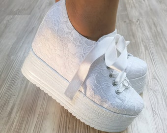 Lace Bridal Wedge Sneakers – White Hidden Heel Wedding Shoes