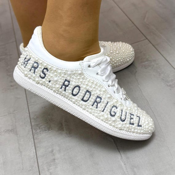 Custom Bride Shoes  Pearl ,Name and Date Sneakers , Hight Qualty Personalized , Gift for Bridal