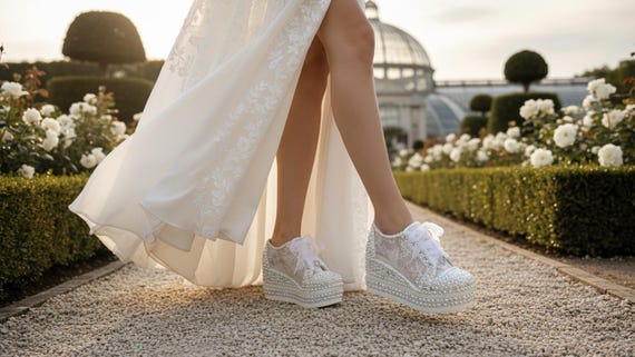 Pearl Lace Bridal Sneakers, Platform Wedge Wedding Shoes, Custom Handmade Trainers