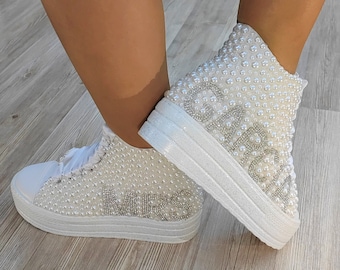 Personalized Bridal Sneakers, Pearl & Crystal Wedding Shoes