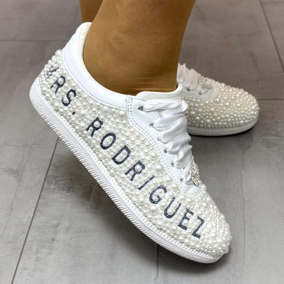 Custom Bride Shoes  Pearl ,Name and Date Sneakers , Hight Qualty Personalized , Gift for Bridal