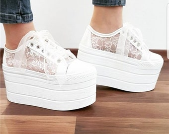 Handmade Lace Bridal Platform Sneakers – White or Ivory Wedding Shoes