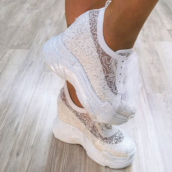 Bridal Wedge Sneakers: Lace Wedding Shoes, Hidden Heel