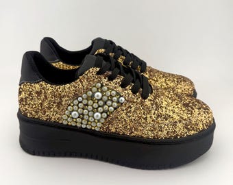 Custom Gold Glitter Wedding Sneakers, Pearl Detail, Personalized Bride Shoes