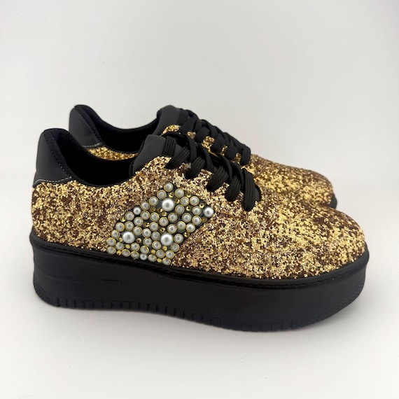 Wedding Sneakers Custom Design Gold Glitter Bride Personalized, Unique Sneakers Suitable for Birthdays, Anniversaries, Wedding Dress Shoes
