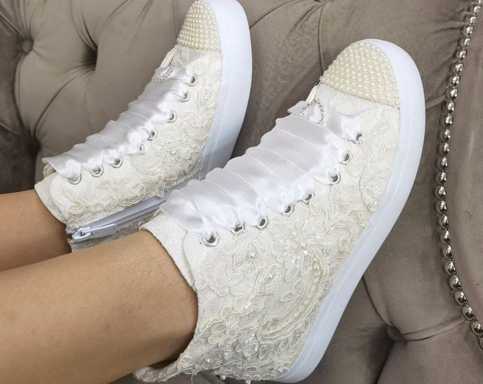 Personalized Ivory Lace Wedding Sneakers, Pearls, Bridal Shoes