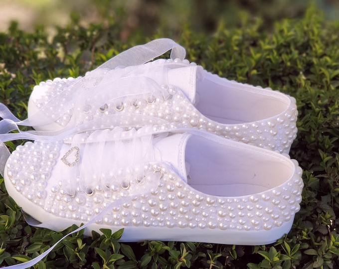 White Pearl Bridal Shoes, Customized Wedding Sneakers