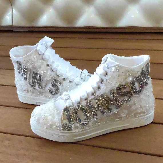 Bridal Personalized, Bridal Sneakers, Stilo Custom Shoes tall tops Wedding White Bridal , White or Ivory  Glitter Lettering