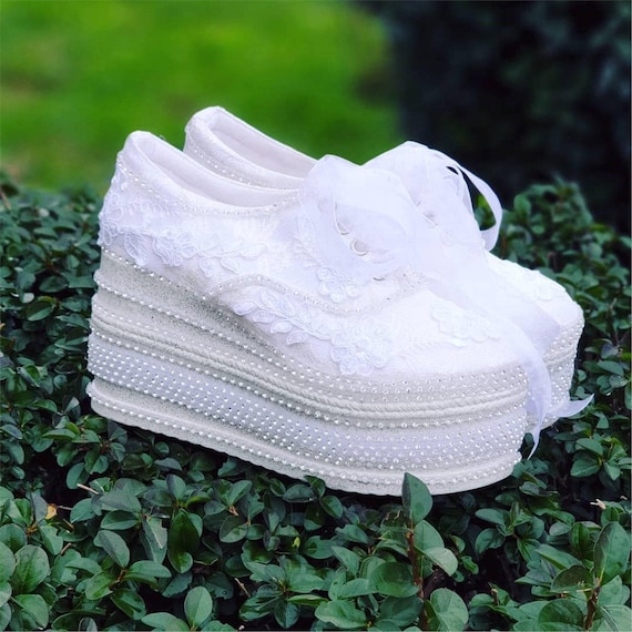 Bridal Shoes with Lace & Pearls | Elegant Wedding Shoes with Diamond Stone | 10cm Height Options