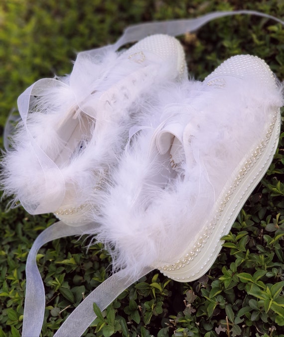 Bridal Shoes Customizes White Feather Bridal Shoes Wedding Shoes White Flat Platform Height Options Stilo Dizayn