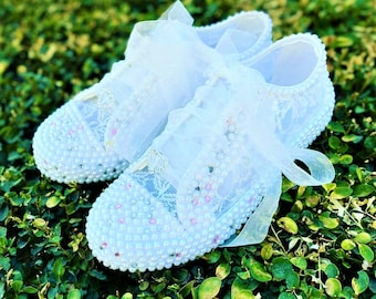 Lace Bridal Shoes, Crystal & Pearl, Customizable Wedding Sneakers