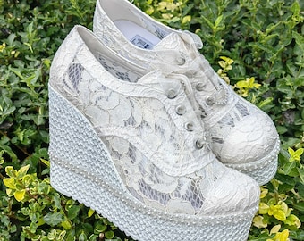 Lace Wedge Wedding Shoes – Ivory Bridal Sneakers, Personalized