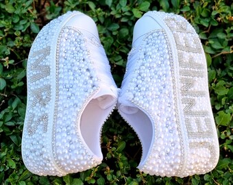 Custom Wedding Sneakers, Pearls and Crystal Bridal Shoes