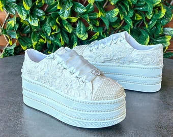 Ivory Lace Bridal Sneakers, Pearl Platform Wedding Shoes