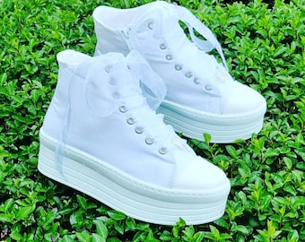 Personalized White Platform Wedding Sneakers, Custom Bridal Shoes