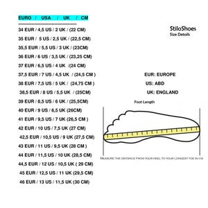 May include: A size chart for shoes showing European, US, and UK sizes with corresponding centimeter measurements. The chart includes a diagram of a foot with a ruler measuring the distance from the heel to the longest toe.