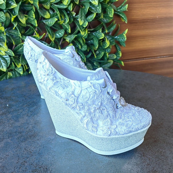 Bridal Dance High Wedge Heels Shoes White or Ivory Options Wedding Party Wedding Dress Shoes Stilo Desing Height Options
