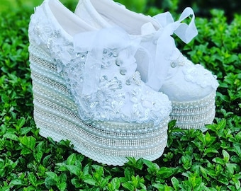Handmade Bridal Wedge Heel Shoes: Pearl & Stone, Personalized Wedding Shoes