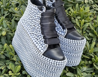 Custom Pearl Platform Bridal Shoes, Black Accent, Customizable
