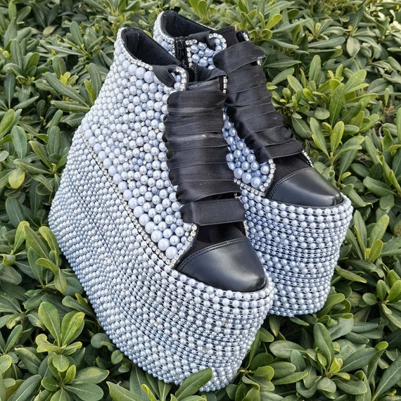 Customizable Color Black Ground White Pearl Bridal Shoes Custom Shoe Designs Height and Color Options Wedding Shoes