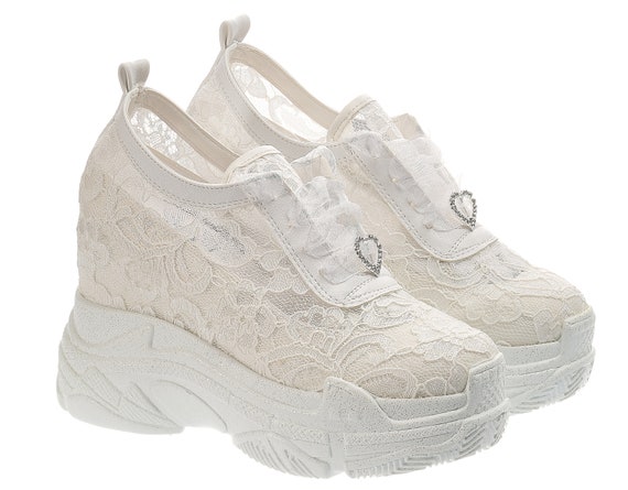 Bride Shoes, Heeled Sneakers with Hidden Heel, Comfortable Wedding Lace Bridal Shoes, Perfect Gift for Brides
