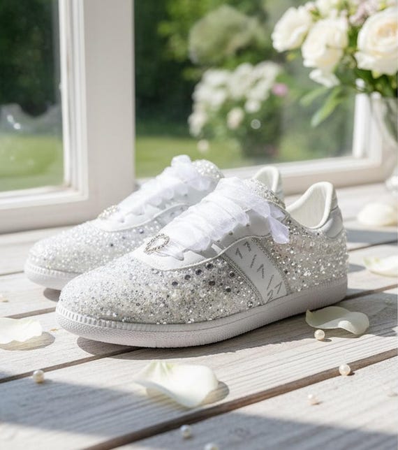 Wedding Personalized Embroidered Glittery Bridal Sneakers, Pearl Embellished Bridal Shoes for Brides