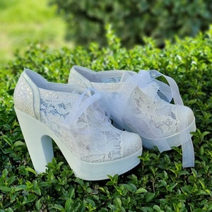 Bridal Shoes, Platform Shoes, White Shoes, Lace Shoes, Heels Shoes, Very Comfortable Light White Glitter