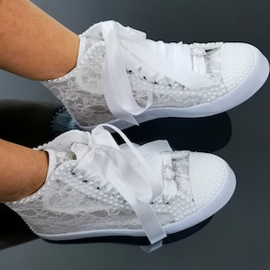 Bridal Luxury  Wedding Bridal Shoes Pearls and Lace Tennis Sports Bridal Shoes StiloDesing