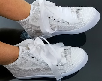 Bridal Luxury  Wedding Bridal Shoes Pearls and Lace Tennis Sports Bridal Shoes StiloDesing