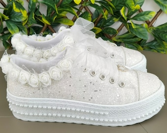 Glitter Bridal Shoes with White Flowers, Custom Wedding Sneakers