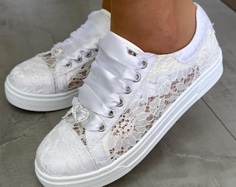 Wedding Shoes Lace Flower Bridal Custom Flat Sneakers, Personalized , Removable Insole and Wide Fit