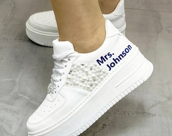 Bridal Sneakers, Personalized Wedding Shoes, Pearls, Custom Name
