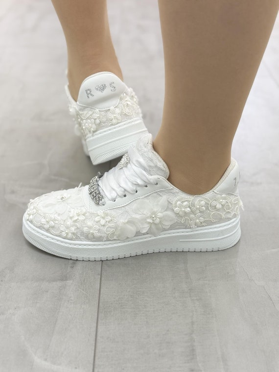 Wedding Bling Lace Sneakers Handmade Shoes Desinger , Personalized Shoes For Bride , Flat Bridal Shoes Bridesmaid  shoes white or ivory New