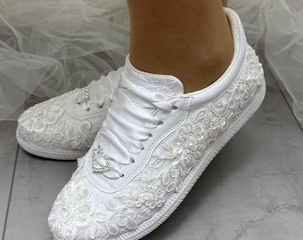 Custom Wedding Sneakers, White Lace, Handmade Bridal Shoes
