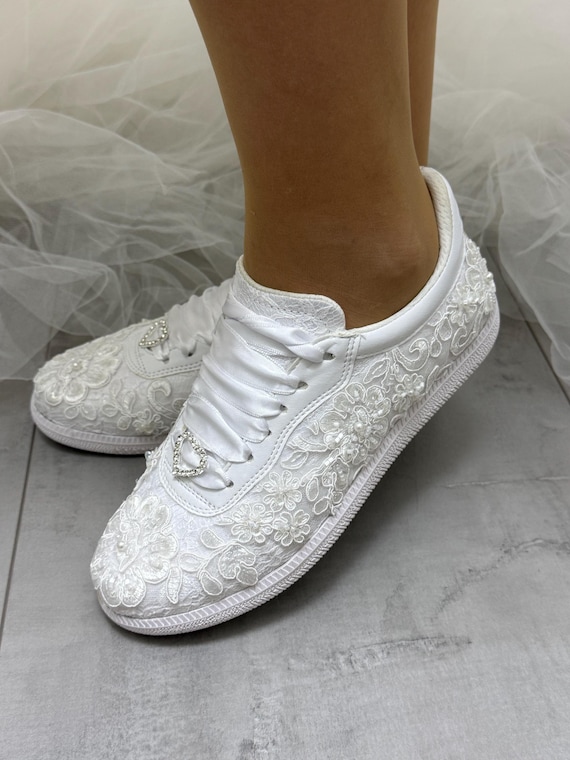 Wedding Flowers Shoes Design Customize, Bridal White or Ivory, Handmade Production Custom Comfortable, Flat-Sole Bridal Sneaker