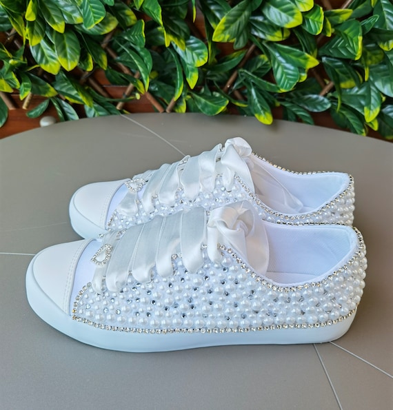 Shoes, Rhinestone Pearl Bling Low Top Sneaker Tennis Shoes