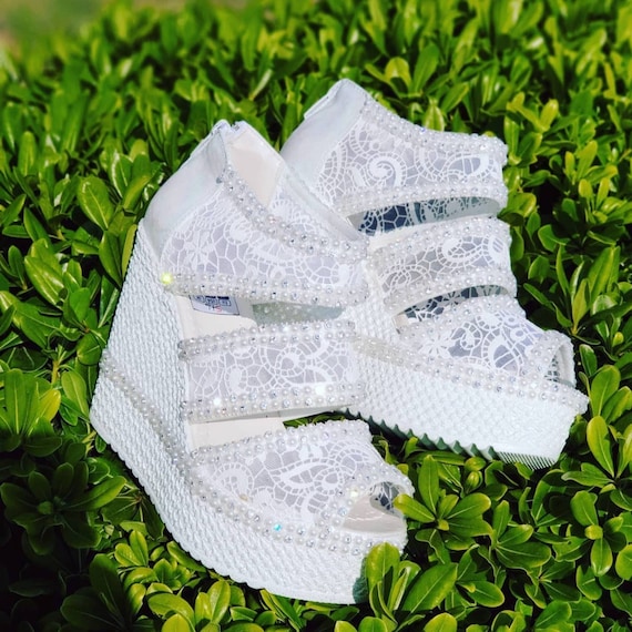 Bridal Shoes, Wedge Heel Bridal Shoes Engagement Shoes Wedding Shoes High heels White Bridal Shoes wedge bridal sandals shoes desinger