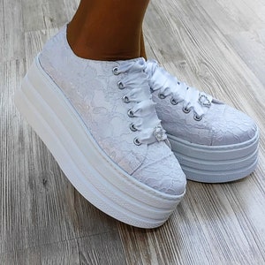 Luxury White Wedding  Lace Ivory  Top, Custom  Shoes For Bride, Personalized  Bridal Low top Tennis Shoes with custom Lace
