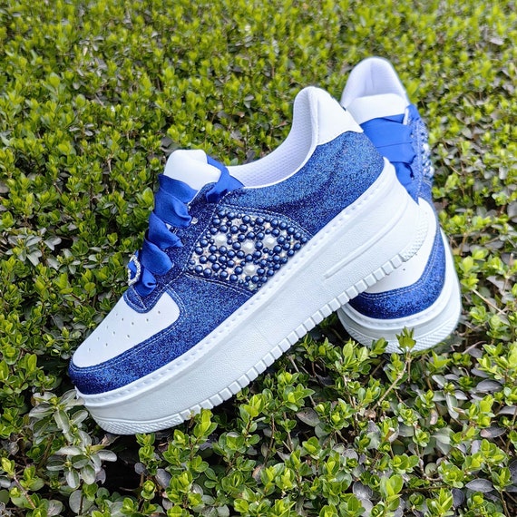 Royal Blue Shoes Personalized bridal shoes glitter color options, wedding shoe pearls detailed sneakers bride shoes color Stilo Desing NEW
