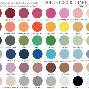 May include: A suede color chart with 48 different color swatches. The chart is labeled "Suede Color Chart" and "StiloShoes". The colors are arranged in rows and columns, with each color labeled with its name. The colors include red, apple red, english rose, watermelon, pink rose, bubblegum, desert bloom, peach blush, bronze, peach tea, marmalade, pumpkin, egg yolk, daffodil, gold, mustard, hunter green, dark sage, aloe, jade, green, celadon, cucumber, scallion, mint, blue ink, dark denim, true blue, carribean blue, summer sky, powder blue, steel green, lilac, lavender, mauve, tawny, sienna, caramel, fawn, loofah, tusk, coconut cream, chrome, grey, cement, cream, black, and white.