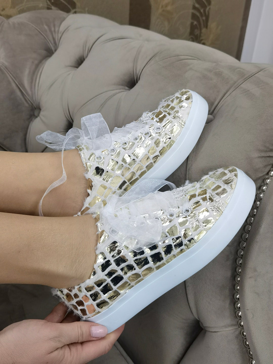 Bridal Party Shoes Gold Customizable Special Sneakers With Faux Rabbit — free download