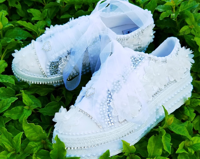 Pearl & Crystal Bridal Sneakers, Handmade Lace Wedding Shoes